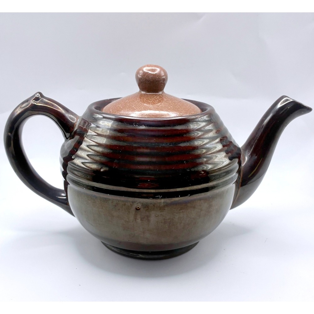 Vintage Japan Ceramic Teapot Brown Ribbed Glossy Mid Century Modern Decor